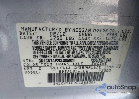 2012 Nissan Versa 1.6 Sv from USA, damaged, VIN 3N1CN7AP2CL885024